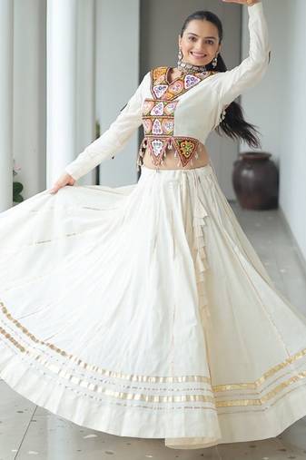 Off White Pure Cotton Embroidery Work Navratri Lehenga