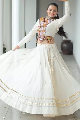 Off White Pure Cotton Embroidery Work Navratri Lehenga