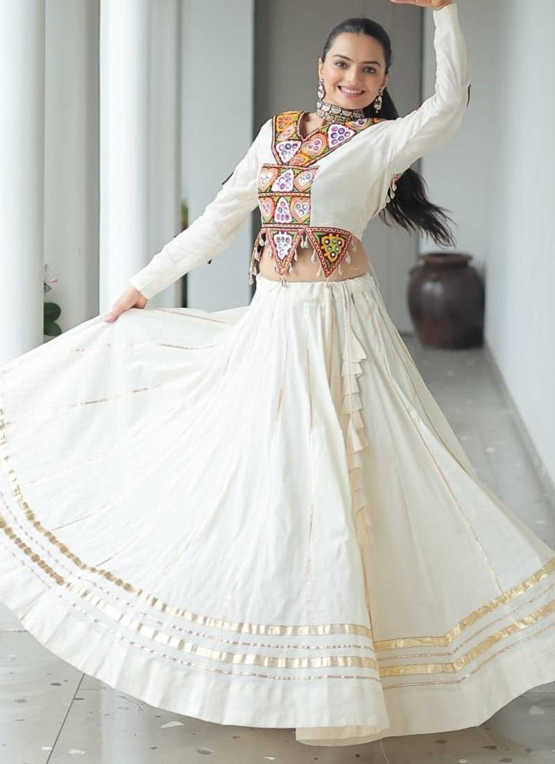 Off White Pure Cotton Embroidery Work Navratri Lehenga