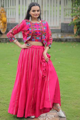Pink Kutchi Work Silk Festival Wear Lehenga Choli With Koti
