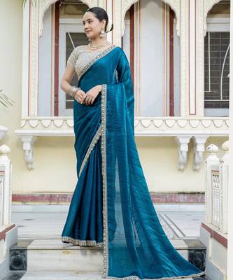 teal satin solid saree with unstitched blouse 1
