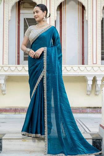 teal satin solid saree with unstitched blouse