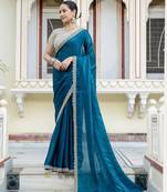 teal satin solid saree with unstitched blouse