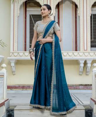teal satin solid saree with unstitched blouse 2