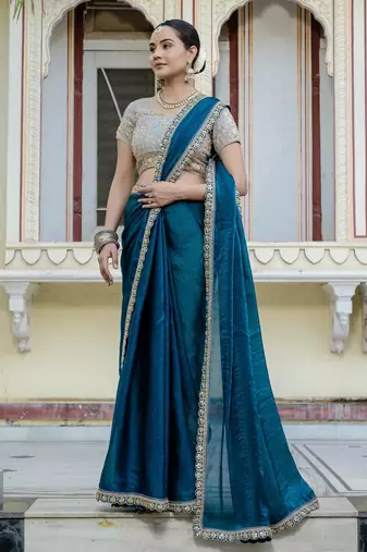 teal satin solid saree with unstitched blouse