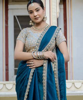 teal satin solid saree with unstitched blouse 3