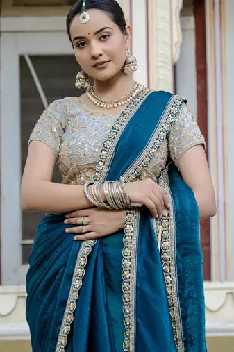 teal satin solid saree with unstitched blouse
