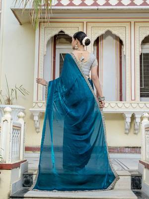 teal satin solid saree with unstitched blouse 4