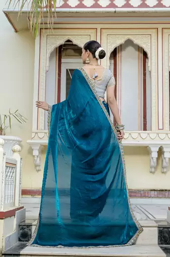teal satin solid saree with unstitched blouse