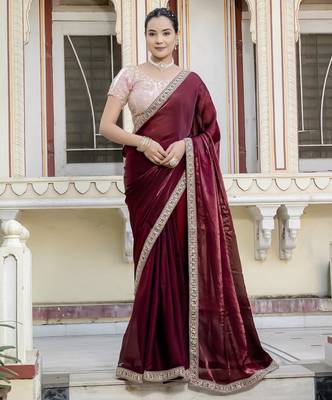 maroon satin solid saree with unstitched blouse 1