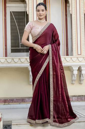 maroon satin solid saree with unstitched blouse