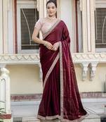 maroon satin solid saree with unstitched blouse
