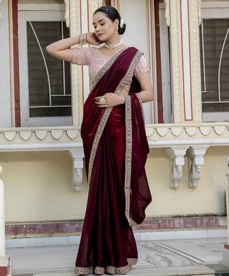 maroon satin solid saree with unstitched blouse 2