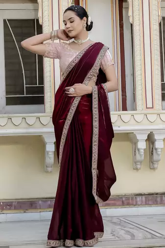 maroon satin solid saree with unstitched blouse