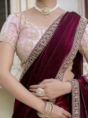 maroon satin solid saree with unstitched blouse 3
