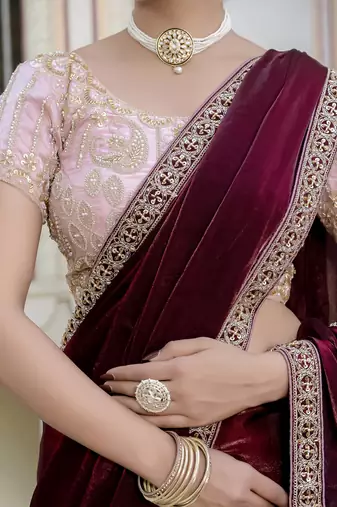 maroon satin solid saree with unstitched blouse
