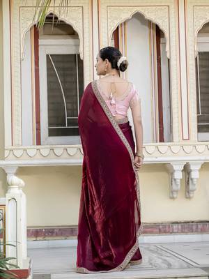 maroon satin solid saree with unstitched blouse 4