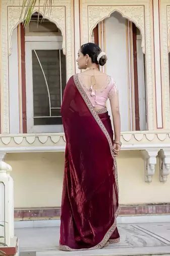 maroon satin solid saree with unstitched blouse