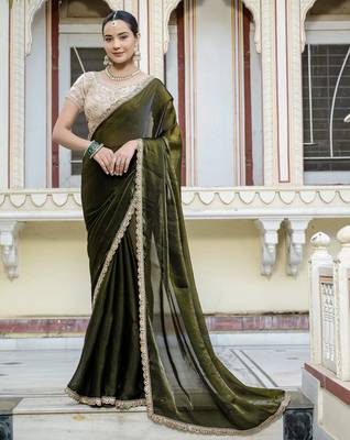 olive satin solid saree with unstitched blouse 1