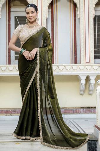 olive satin solid saree with unstitched blouse