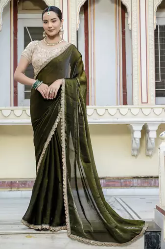 olive satin solid saree with unstitched blouse