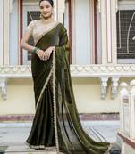 olive satin solid saree with unstitched blouse
