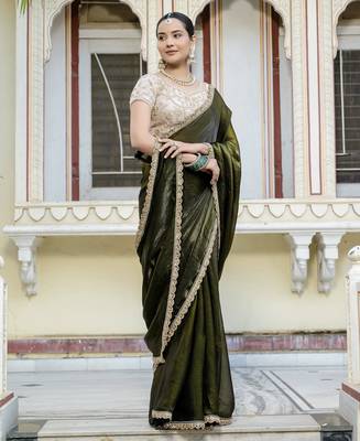 olive satin solid saree with unstitched blouse 2