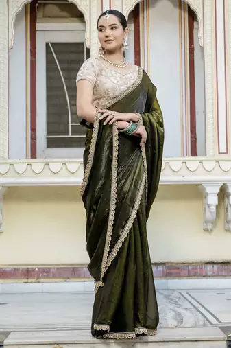 olive satin solid saree with unstitched blouse