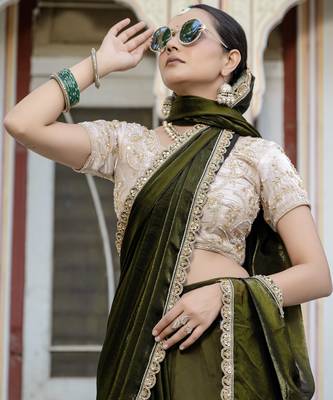 olive satin solid saree with unstitched blouse 3