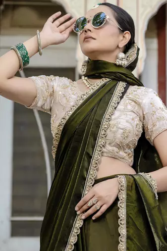 olive satin solid saree with unstitched blouse