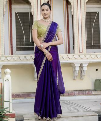 voilet satin solid saree with unstitched blouse 1