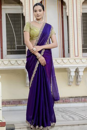 voilet satin solid saree with unstitched blouse