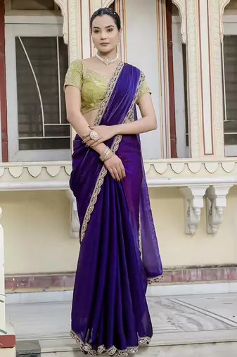 voilet satin solid saree with unstitched blouse