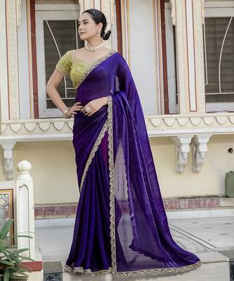 voilet satin solid saree with unstitched blouse 2