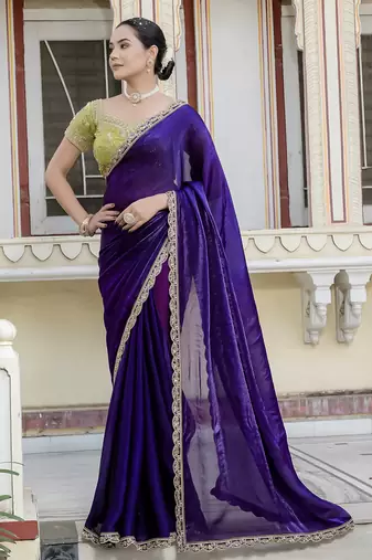 voilet satin solid saree with unstitched blouse