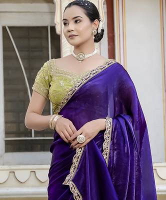 voilet satin solid saree with unstitched blouse 3