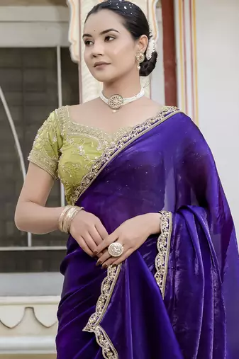 voilet satin solid saree with unstitched blouse