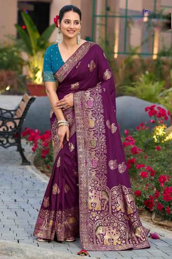 purple silk blend zari woven saree with unstitched blouse