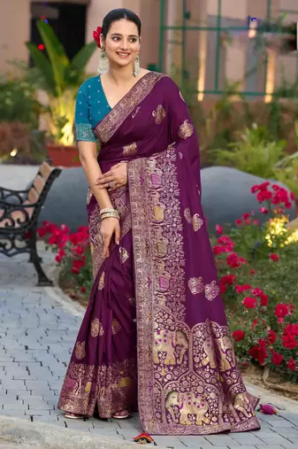 purple silk blend zari woven saree with unstitched blouse