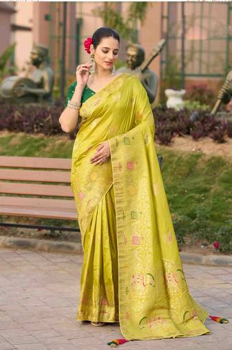 lime silk blend zari woven saree with unstitched blouse
