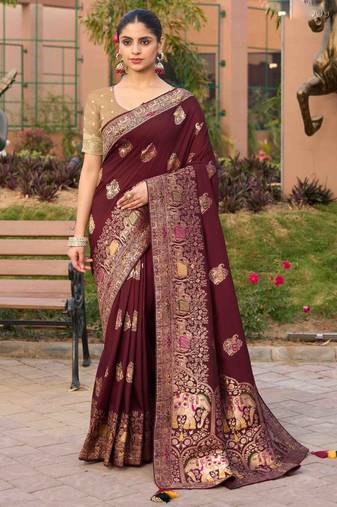 maroon silk blend zari woven saree with unstitched blouse