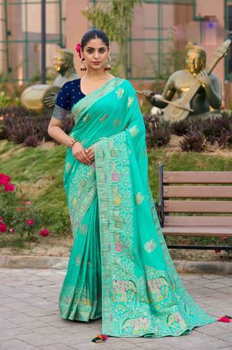 turquoise silk blend zari woven saree with unstitched blouse
