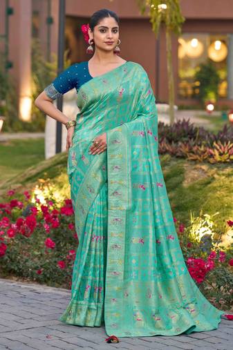 turquoise silk blend woven saree with unstitched blouse