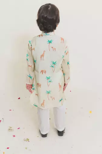 Yellow printed cotton kurta pyjama