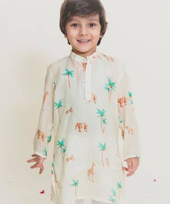 Yellow printed cotton kurta pyjama 3