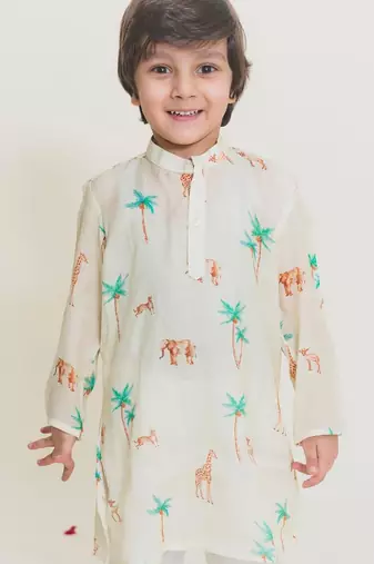Yellow printed cotton kurta pyjama