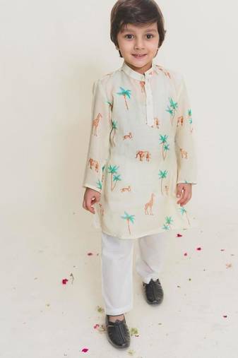 Yellow printed cotton kurta pyjama