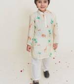 Yellow printed cotton kurta pyjama