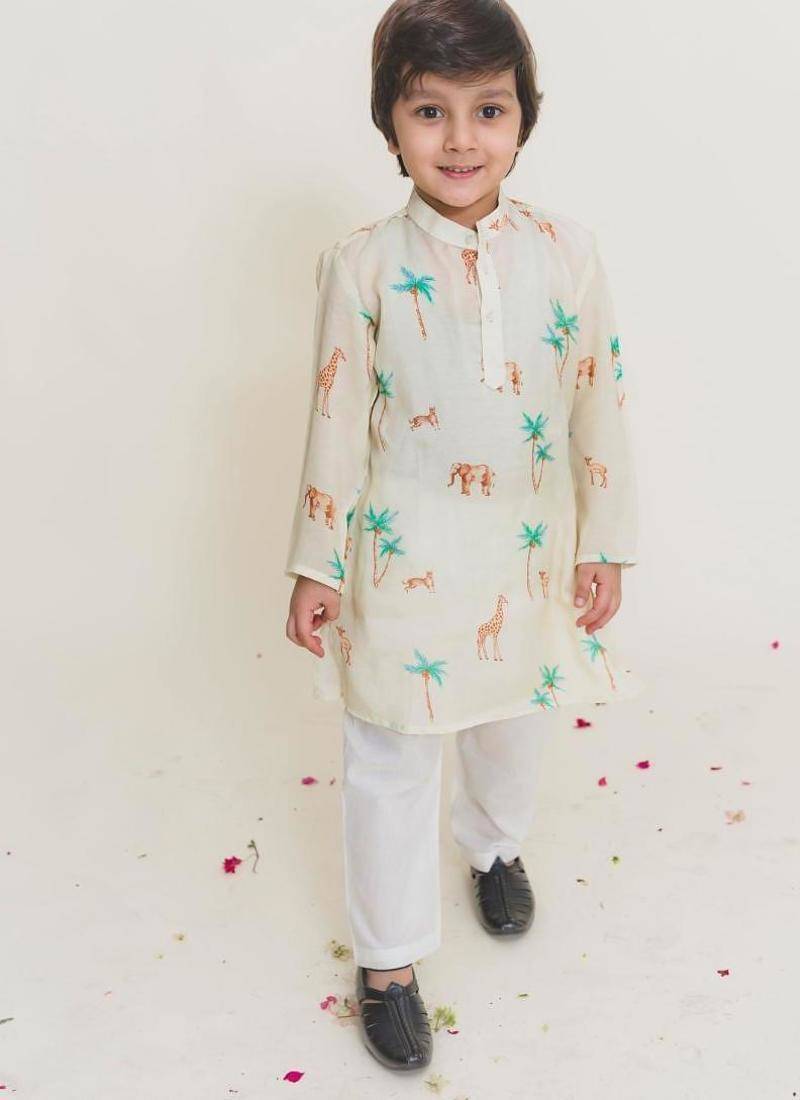 Yellow printed cotton kurta pyjama