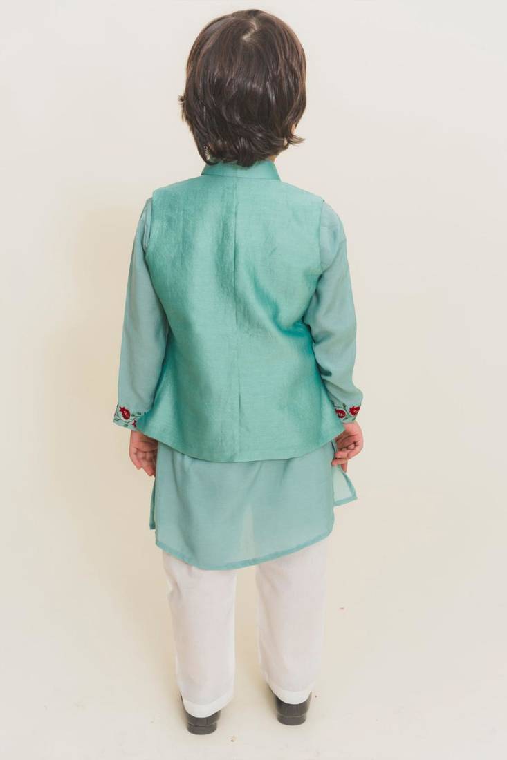 Blue plain cotton nehru jacket set